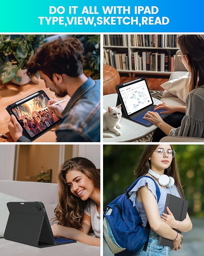 typecase Folio Keyboard Case for iPad 10th Gen 10.9 inch (2022) and iPad 11th (A16, 2025), Magnetic Wireless Detachable Keyboard, 7-Color Backlight, Thin & Light, Pencil Holder – Carbon Fiber