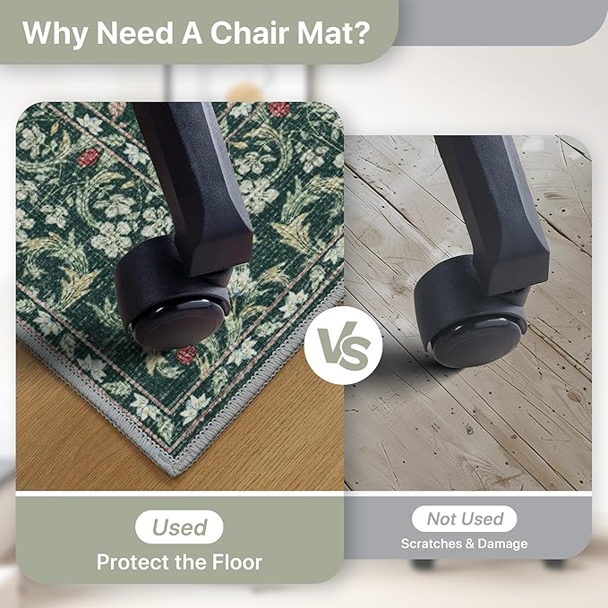36"x48" Office Chair Mat for Hardwood Tile Floor, Under Desk Carpet Protector for Rolling Computer Chair Mat, Machine Washable Area Rug, Anti-Slip 1/5" Thick Low Pile Thin Vinyl Floor Mat, Moss Green