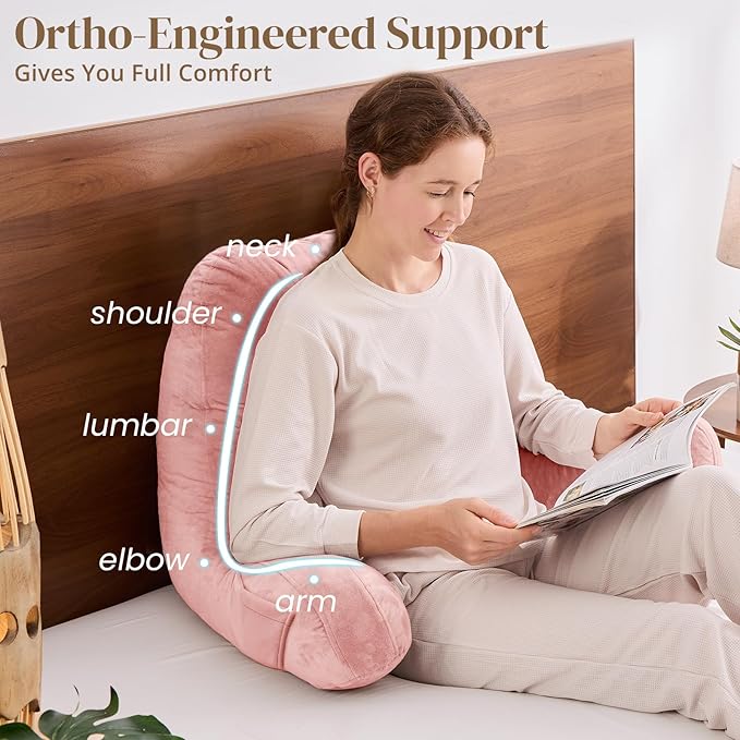 Sasttie Reading Pillow, Pillows for Reading or Relaxing – Ergonomic Support for Head, Neck, Back, and Lumbar, 23-Inch, Peach Pink