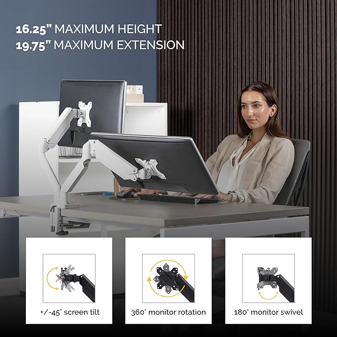 Fellowes Platinum Series Dual Monitor Arm for 40-Inch Monitors, Full Motion, 360° Rotation, VESA Mount with Grommet or Clamp, USB Ports, Ergonomic, White, 8056301