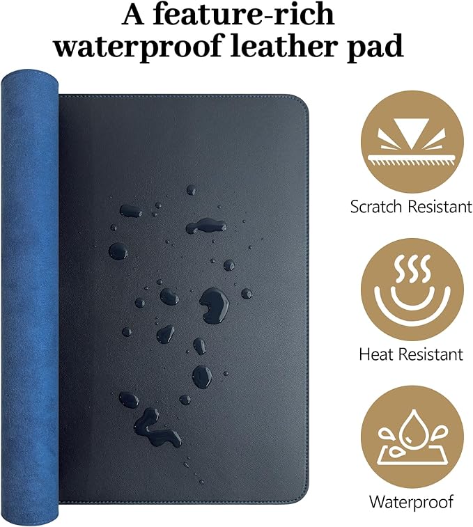 Dark Blue Leather Desk Mat Large Mouse Pad, Waterproof Desk Pad for Keyboard and Mouse, Non-Slip Computer Desk Protector, Smooth Mouse Movement Desk Mat for Home and Office(23.6"×13.8")