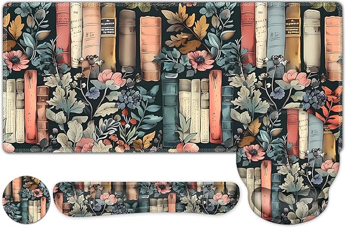 Nature Aesthetic Florals Books Mouse Pad, XXL Large Desk Mat Extended Reading Desk pad, 4PCS Non-Slip Rubber Base Computer Big Mousepads for Work, Game, Office, Home Decor Accessories I Bookworm Gift