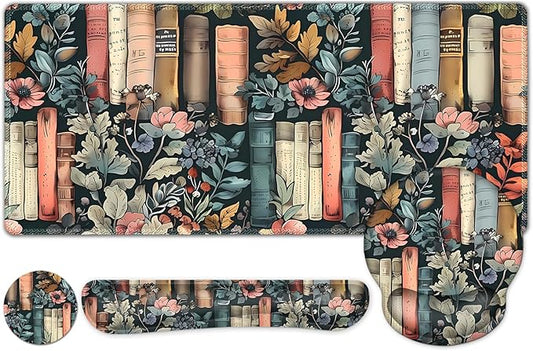 Nature Aesthetic Florals Books Mouse Pad, XXL Large Desk Mat Extended Reading Desk pad, 4PCS Non-Slip Rubber Base Computer Big Mousepads for Work, Game, Office, Home Decor Accessories I Bookworm Gift