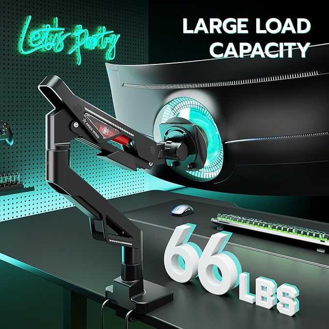 ARES WING Premium Monitor Arm, Ultrawide Monitor Stand up to 57“ and 66 Lbs, Gas Sprinq Monitor Mount with USB, Height Adjustable Arms Monitor Stand, Various VESA Mount with Clamp/Grommet Base