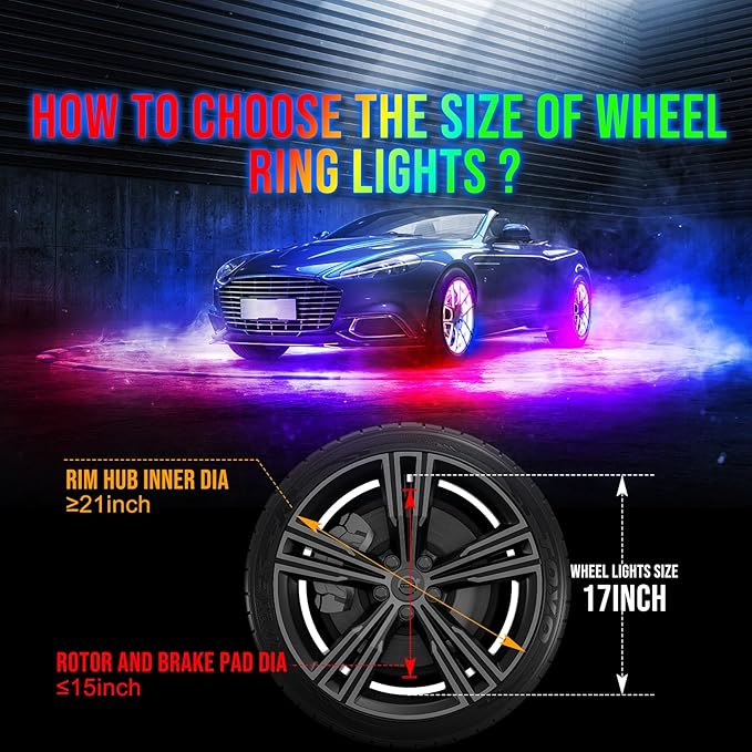 17inch Double Row Wheel Lights with APP & Remote Control, RGB Chasing Wheel Ring Lights with Turn & Braking Signal Compatible with Various Trucks, SUV, and Cars
