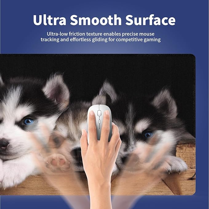 Extra Large Gaming Mouse Pad (31.5" x 11.8") with Durable Stitched Edges – Adorable Siberian Husky Puppies in Wooden Crate, Anti-Slip Rubber Base & Smooth Fabric Surface Extended XXL Desk Mat