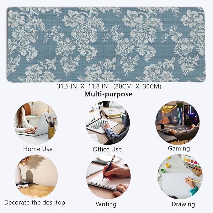 Blue Chinoiserie Mouse Pad,Vintage Blue and White Floral Desk Mat,Big Large Vintage Floral Preppy Trendy Mouse Pad,Girly Gaming Mousepad,Girly Laptop Desk Mat for Dorm Home Office,31.5x11.8In