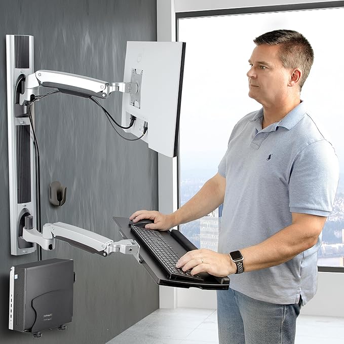StarTech.com Wall Mount Workstation, VESA Mount for 32" Monitor (22lb/10kg), Fully Articulating Monitor Mount & Keyboard Tray, TAA