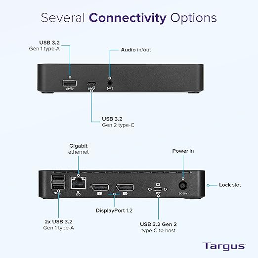 Targus Dual Monitor Universal USB-C DV4K DP Docking Station with 65W Power - Broad Compatibility with a Range of Hosts, Devices, Peripherals, Laptops, and Operating Systems (DOCK315USZ)