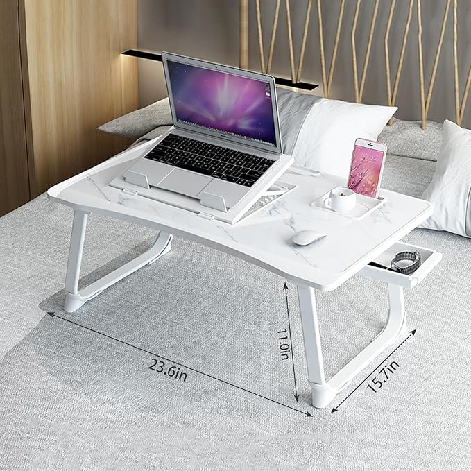 Laptop Desk for Bed, Adjustable Laptops Stand with 6 Different Angles, Portable Lap Tray Table with Storage Drawer and Cup Holder, Laptop Bed Desk Tray for Eating Working Writing Reading (White)