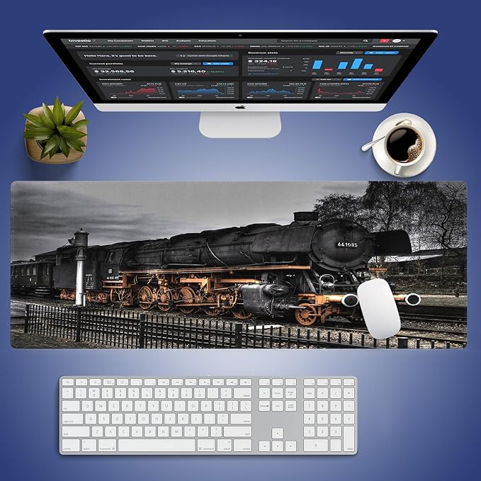 Extra Large Gaming Mouse Pad (31.5" x 11.8") with Durable Stitched Edges – Vintage Steam Locomotive Old Train at a Railway Station, Anti-Slip Base & Smooth Fabric Surface Extended XXL Desk Mat