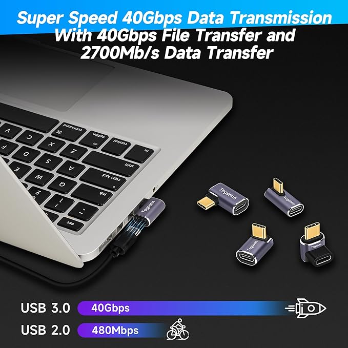Flat 90 Degree Right Angle USB C Adapter (2 Pack), USB Type-C Male to Female Extender Connector, 40Gbps, 8K@60Hz Compatible with MacBook Pro/Air, iPhone 15/15 Pro Max, iPad Pro, Tablet, Phone, More