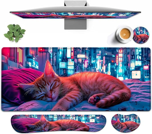 Large Mouse pad and Keyboard Support Set, Ergonomic Memory Foam Keyboard Wrist Rest, Extended Gaming Mouse Pad with Stitched Edges, Sleeping Cat XXL Desk Mat (31.5 X 11.8 in)