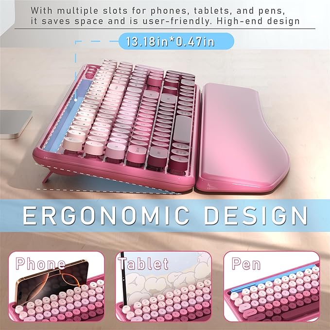 Colorful Wireless Computer Keyboard and Mouse Combo with Phone Holder, Wrist Rest, Typewriter Keys, 2.4GHz Wireless, Full-Sized Optical Mouse for PC and Laptop(Rose-Red Colorful)