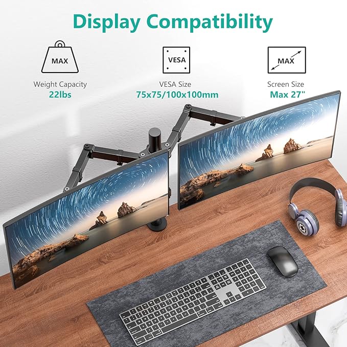 Dual Monitor Stand for 13-27'' Screens, Dual Monitor Arms for 2 Monitors up to 22 lbs, Adjustable Dual Monitors Desk Mount with C-Clamp and Grommet, VESA 75/100mm, Black