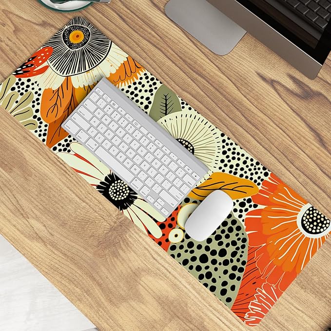Boho Mid-Century Modern Floral Mouse Pad,XL Large Art Aesthetic Retro Abstract Flower Desk Mat,Summer Colorful Botanical Flower Mousepad for Home Office Dorm Desktop Decor,31.5x11.8 Inch
