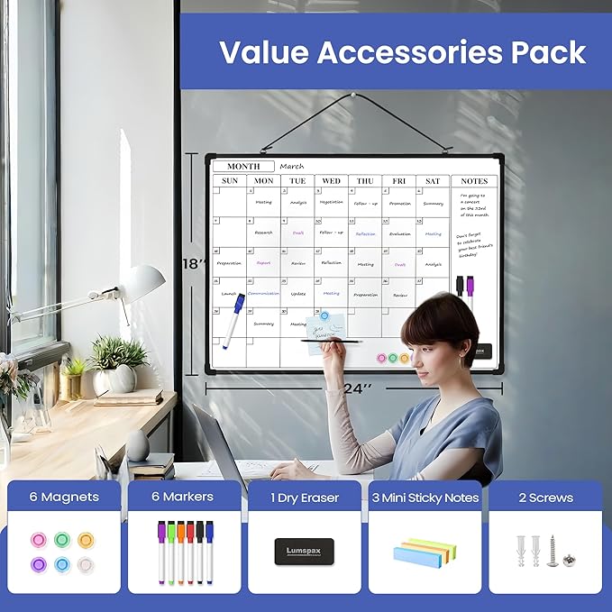 Monthly Whiteboard Calendar for Wall, 24" x 18" Dry Erase Board with Plastic Frame, Hanging Dry Erase Calendar with 3 Mini Sticky Notes for Kitchen Planner, Memo, Home and Office, Black