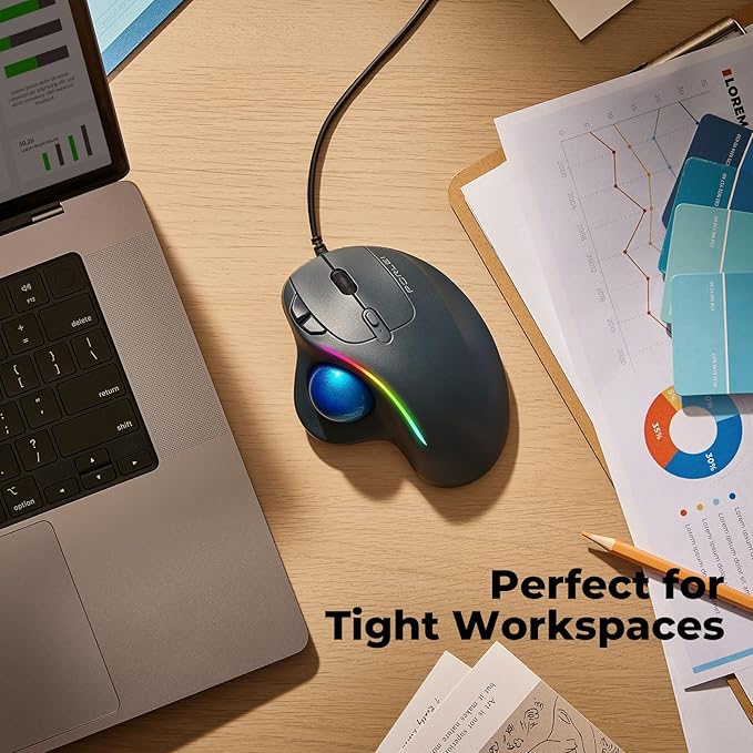 Wired Trackball Mouse with RGB Lighting, Ergonomic Thumb Control to Reduce Muscle Strain, 5 Adjustable DPI, Dual USB-C & USB-A Connectivity, Compatible with PC, Laptop, Mac, Windows-Blue