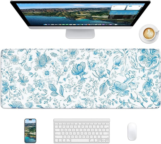 Floral Mouse Pad, 31.5 x 11.8 Large Desk Mat with Stitched Edges & Non-Slip Base, Mousepad for Office, Home, Work, Elegant Flower