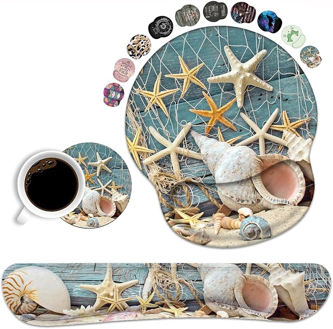 Keyboard Wrist Rest and Mouse Pad Wrist Support Set with Coasters, Non-Slip PU Base, Easy Typing and Relieve Wrist Pain, Perfect for Home Office Working Studying, Seashell Conch Starfish