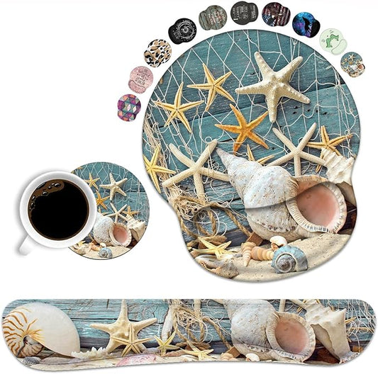 Keyboard Wrist Rest and Mouse Pad Wrist Support Set with Coasters, Non-Slip PU Base, Easy Typing and Relieve Wrist Pain, Perfect for Home Office Working Studying, Seashell Conch Starfish