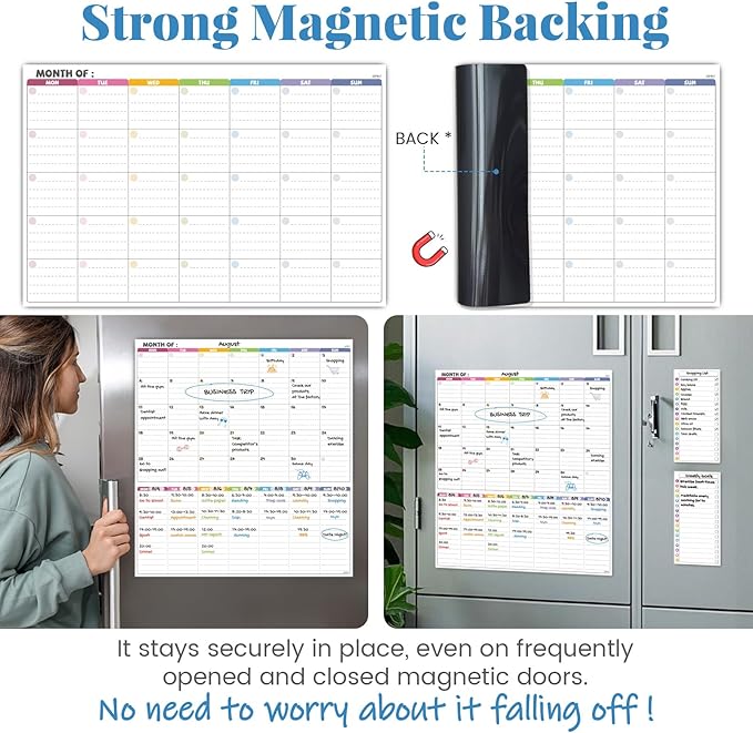 JJPRO Magnetic Dry Erase Monthly Calendar Set for Fridge-Reusable Monthly Calendar,Weekly Planner&Lists for Refrigerator-Starts Monday-Magnetic Multicolor Monthly Planner Bundle-16.5x11"