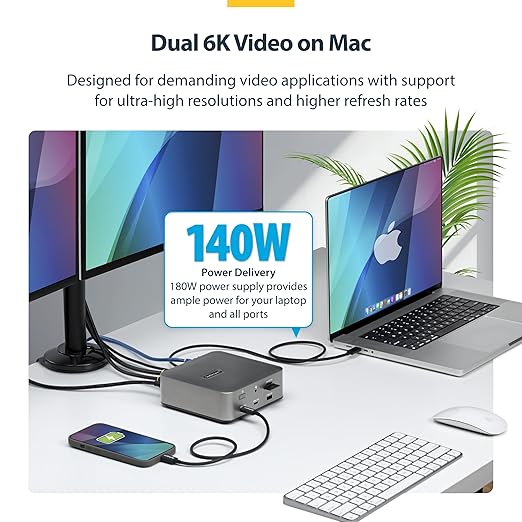 StarTech Thunderbolt 5 Dock, Dual 8K 60Hz, Triple 4K for Windows, Up to Dual 6K 60Hz for Mac - TB5 & USB4 Docking Station with 120Gbps max Transfer, 140W PD, 30W Phone, USB 10Gbps