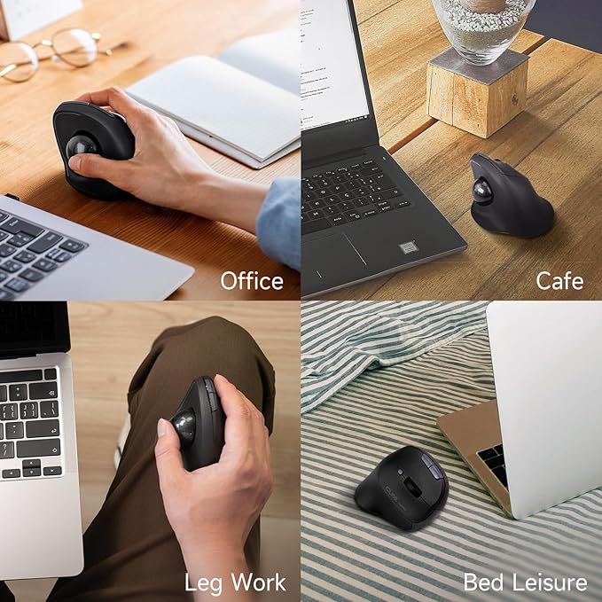 SANWA Bluetooth + 2.4G Wireless Trackball Mouse, Silent Ergonomic Roller Ball Mice, Programmable Vertical Thumb Mouse, 2 Device Connection, Compatible with Mac, Windows, Laptop, Android, PC, Black