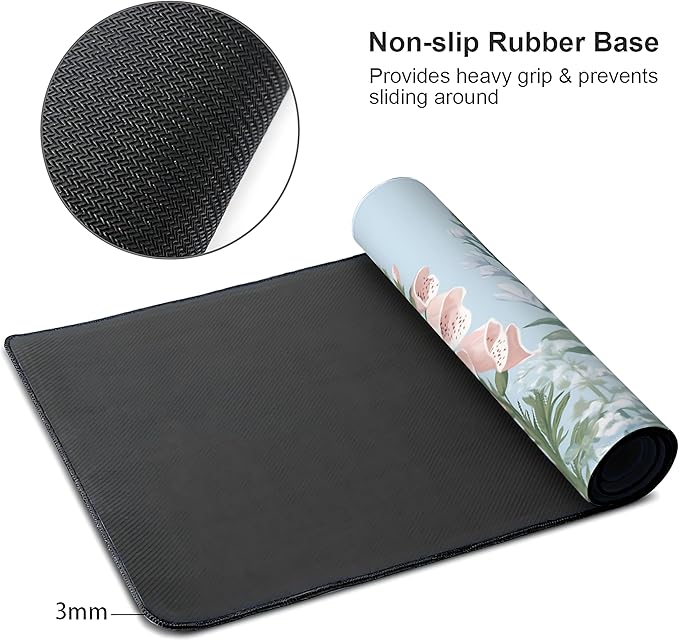 Cute Floral Aesthetic Wildflower Gaming Mouse Pad, Sky Blue Macaron Desk Mat with Anti-Slip Base & Stitched Edges, Computer Keyboard & Laptop Pad, 35.4" x 15.7" in in Workstation Accessories