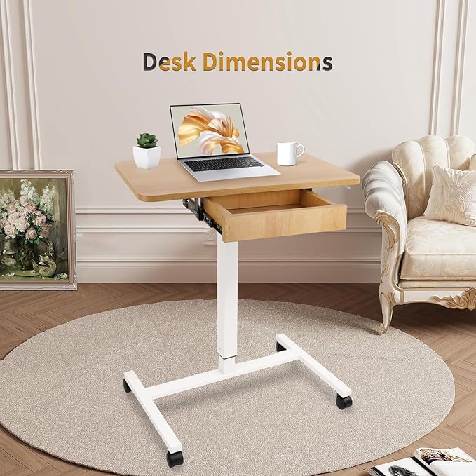CLATINA Mobile Laptop Standing Desk, Height Adjustable Teacher Podium with Lockable Wheels, Adjustable Work Table with Drawer, Computer Cart Overbed Table for Home Office Classroom, Beige