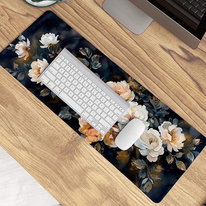 Dark Aesthetic Watercolor Floral Mouse Pad,XL Large Vintage Rose Desk Mat,Spring Summer Botanical Mouse Pad,Rustic Botanical Flower Desk Mat for Home Office Dorm Desktop Decor,31.5x11.8 Inch