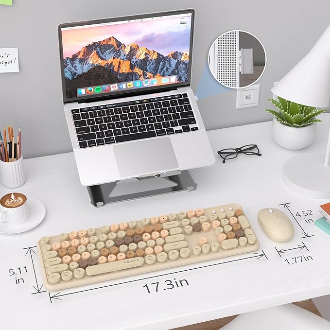 UBOTIE Colorful Computer Wireless Keyboards Mouse Combos, Typewriter Flexible Keys Office Full-Sized Keyboard, 2.4GHz Dropout-Free Connection and Optical Mouse (Milk Tea -Colorful)