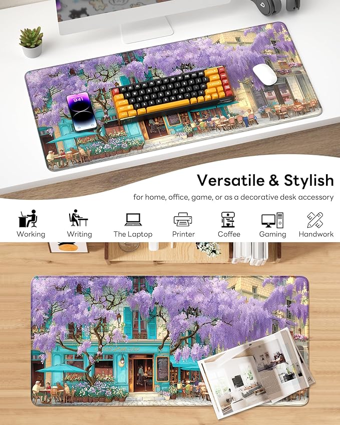 XL Gaming Mouse Pad, 31.5x15.7'' Large Desk Mat with Anti-Slip Rubber Base & Stitched Edges for Gaming, Office, Home, Wisteria Cafe