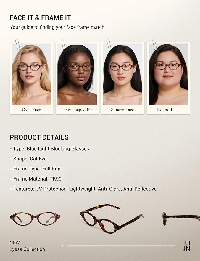 TIJN Lyssa Blue Light Glasses for Women Men,Retro 90s Oval Cat Eye Frame Eyeglasses,Lightweight TR90 Computer Gaming Eyewear