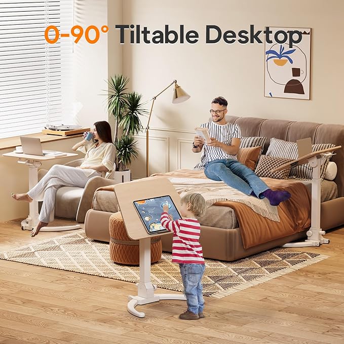 JOY worker Foldable Mobile Standing Desk, Pneumatic Height Adjustable Sit Stand Desk, 90° Tiltable Rolling Laptop Desk, Portable Cart with Wheels Non-Slip Mat for Home Office, Holds Up to 22lbs