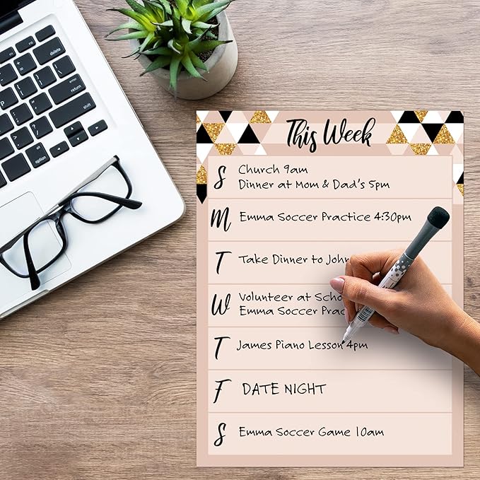 Dry Erase Weekly Calendar Planner Sticker Decal | Removable & Reusable | Magnetic Fine-Tip Marker Included (9 x 12 inches, Rose & Gold)