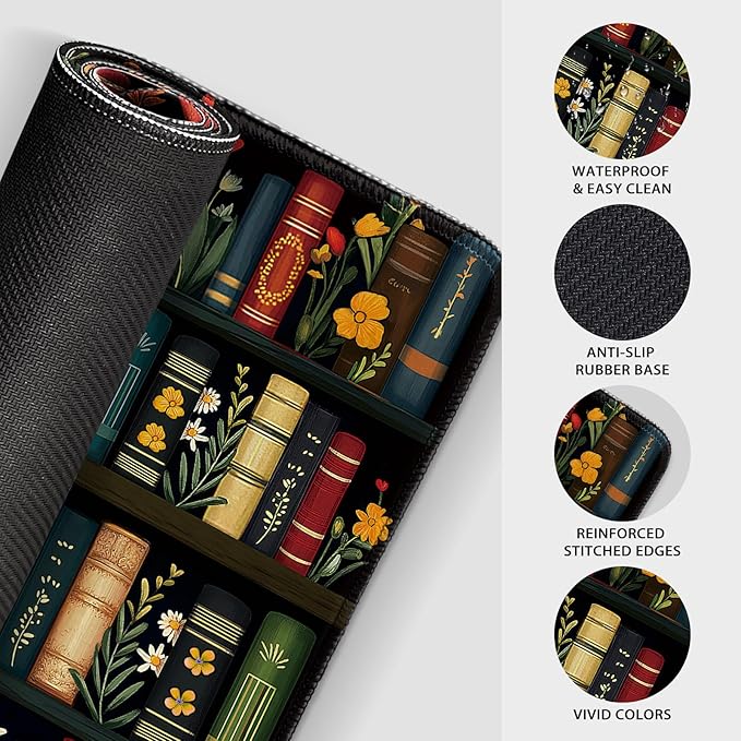 Vintage Library Bookshelf Large Gaming Mouse Pad 31.5"x15.7"｜ Flower XXL Desk Mat, Non-Slip Rubber Base & Stitched Edges - Extended Waterproof Mousepad for PC/Laptop/Office/Home Decor