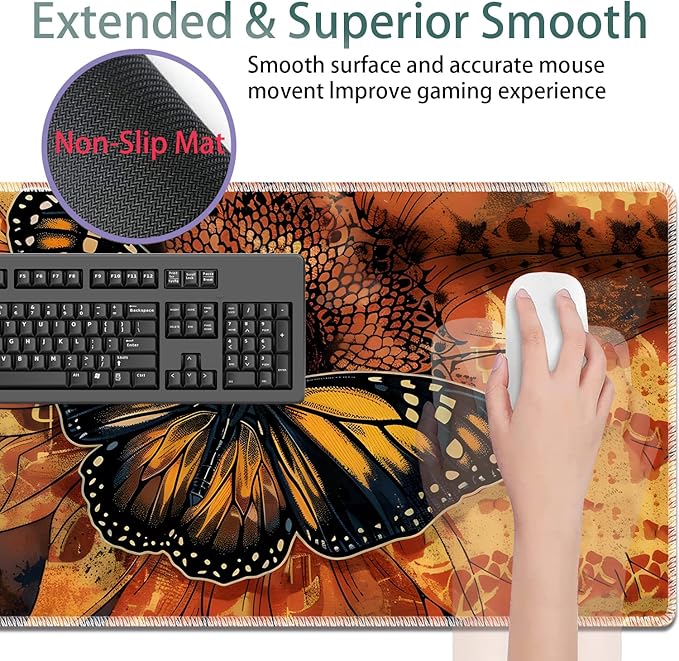 Large Gaming Mouse Pad + Keyboard Wrist Rest + Wrist Support + Coaster Set, Memory Foam Ergonomic for Easy Typing, XXL Extended Gaming Mouse Pad Table Pad - Sunflower and Butterfly