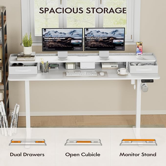 Furmax Electric Standing Desk with Drawers, Stand Up Desk with Storage Shelf Height Adjustable Computer Desk with Organizer for Home Office Ergonomic(White, 63 Inch)