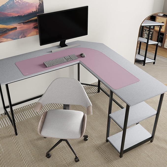 Vyaaa L Shaped Desk Mat, (39.4"+ 39.4") x 13" PU Leather Corner Desk Mat, Reversible L-Shape Desk mat, XL Gaming Mouse Pad for Computer, Gaming, Writing, Home and Office(Green and Pink)