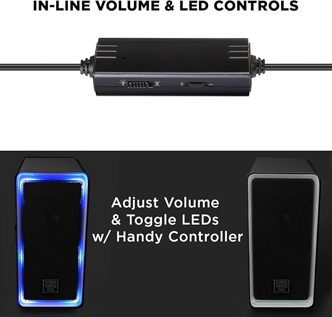 GOgroove Gaming Computer Speakers with Blue LED Light - SonaVERSE O2i Speakers for Desktop, Laptop, PC - USB Speaker 2.0 with AUX Input, in-Line Volume Control, Bass Stereo Sound, 14W (Black)