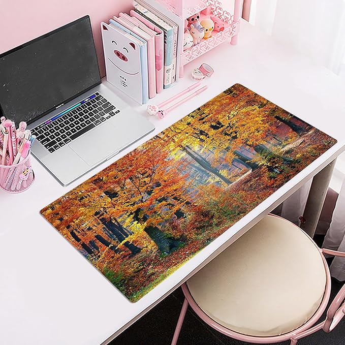 HVEST Fall Forest Gaming Mouse Pad, Autumn Nature Landscape Desk Mat XL, Orange Large Keyboard and Mouse Pad with Non-Slip Rubber Base and Stitched Edge for Game, Office, Home 31.5'' x 15.7''