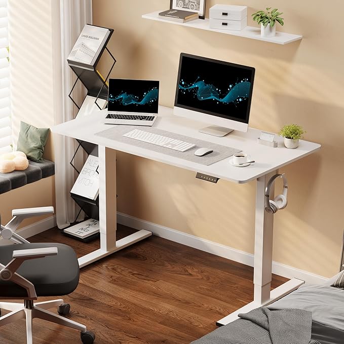 FLEXISPOT Standing Desk, 40" x 24" One-Piece Desktop, Height Adjustable Computer Desk for Home Office, White Frame & White Top (One Package)