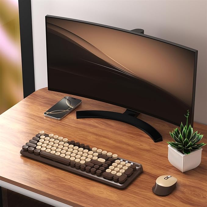 Wireless Keyboard and Mouse Combo, Full-Size Retro Typewriter Keyboard Style, 2.4GHz USB Receiver, Plug-and-Play, Keyboard Mouse Set for Computer, Laptop, Windows, Mac, and PC (Coffee)