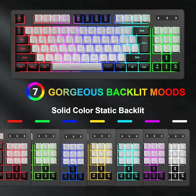 BlueFinger Wireless Gaming Keyboard and Mouse Combo, RGB Rainbow Backlit Rechargeable Battery, 87 Keys TKL Light Up Keyboard with Ergonomic Gaming Mouse for Mac Laptop Computer PC Gamer(Black & White)