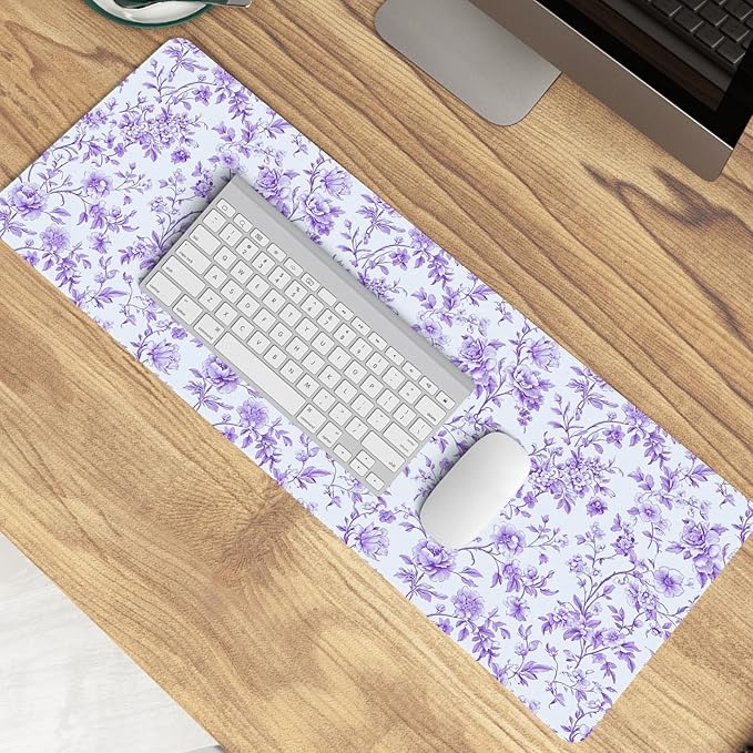 Purple Chinoiserie Mouse Pad,Vintage Purple and White Floral Desk Mat,XL Large Vintage Flowers Preppy Mouse Pad,Girly Laptop Desk Mat for Dorm Home Office,31.5x11.8 Inch