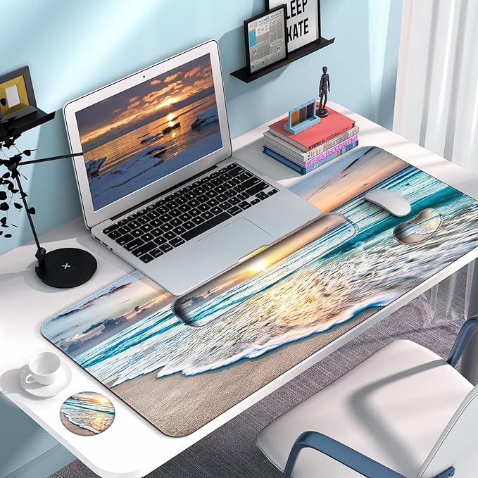 Keyboard Wrist Rest + Mouse Pad with Wrist Support + Desk Mat + Coaster 4 in 1 Set, XXL Large Gaming Mousepad Cute Ergonomic Mouse Pads for Desk Computer Laptop Office Decor-Beach