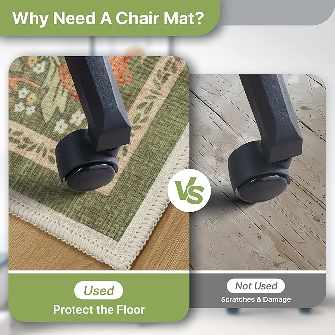48"x60" Office Chair Mat for Hardwood Tile Floor, Under Desk Carpet Protector for Rolling Computer Chair Mat, Machine Washable Area Rug, Anti-Slip 1/5" Thick Low Pile Thin Vinyl Floor Mat, Sage Green