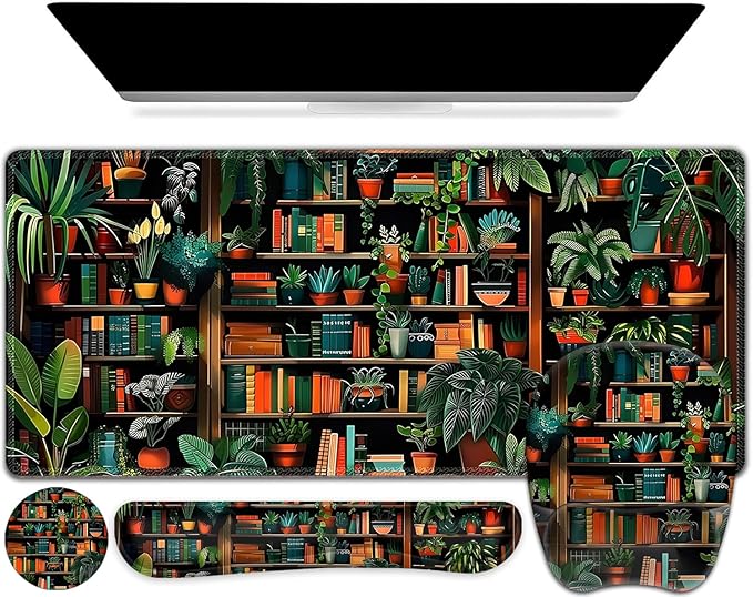 Mouse Pad with Wrist Support 4 in1 Set, XXL Big Game Mousepad + Keyboard Wrist Rest + Mouse Wrist Rest Pad +Coaster Gaming Mat for Home Office Work Computer Laptop PC I Green Vine Book Forest