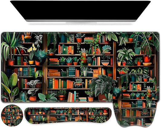 Mouse Pad with Wrist Support 4 in1 Set, XXL Big Game Mousepad + Keyboard Wrist Rest + Mouse Wrist Rest Pad +Coaster Gaming Mat for Home Office Work Computer Laptop PC I Green Vine Book Forest